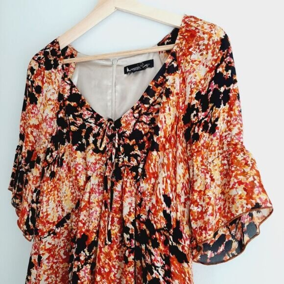 KENZIE Pretty / 100% Silk Flowy V-Neck Midi Knee Length Dress Abstract Floral M - Picture 9 of 15